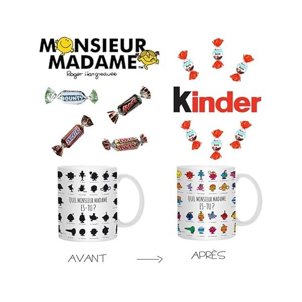 2 Mugs magiques Monsieur Madame garnis de mini chocolats Mars, Snickers, bounty, Twix et Kinder Schokobons