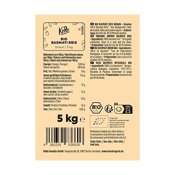 KoRo - Riz Basmati biologique brun 5 kg - Arôme intense - Goût de noisette - Consistance moelleuse