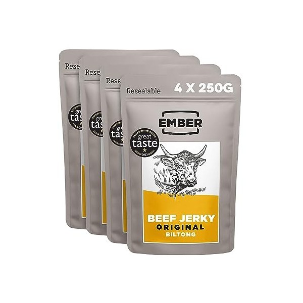 Ember Snacks: Biltong Beef Jerky Saveur Original 1x 250g | Boeuf séché riche en protéines. Collation à emporter faible en gr