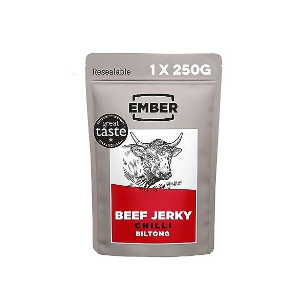 Ember Snacks: Biltong Beef Jerky Saveur Chilli Piment 1x 250g | Boeuf séché riche en protéines. Collation à emporter faible 