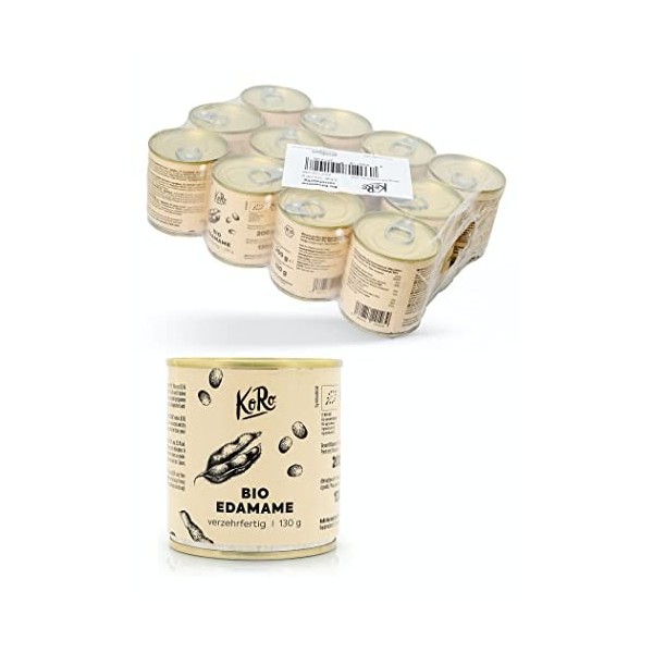 KoRo - Fèves de soja vertes Edamame bio en boîte 12 x 130 g - Précuit - Traitées à la récolte - Snack malin