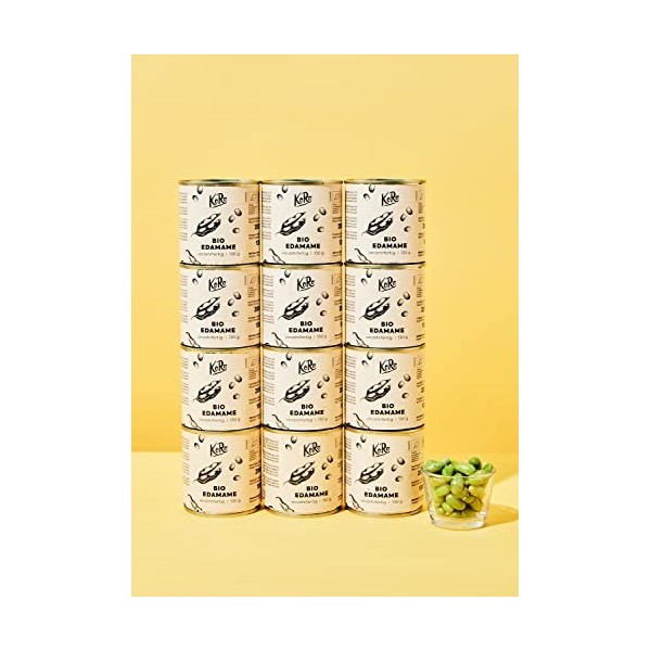 KoRo - Fèves de soja vertes Edamame bio en boîte 12 x 130 g - Précuit - Traitées à la récolte - Snack malin