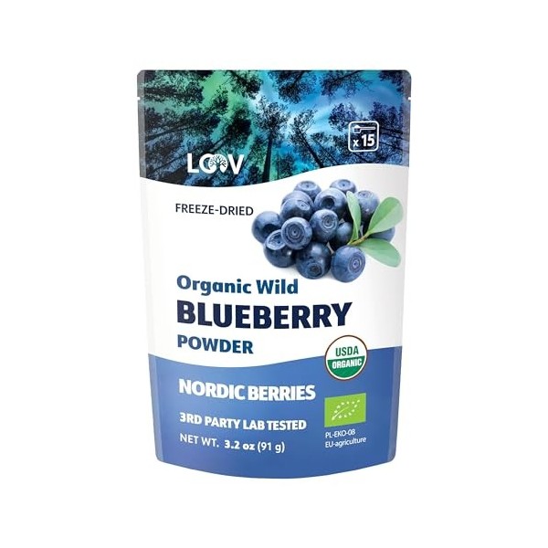 Poudre de bleuets sauvages biologiques LOOV - 91 g, Bon pour les smoothies & le petit déjeuner, lyophilisés, d’Europe du Nord