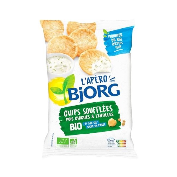 Bjorg LApéro Bio Chips Soufflées Pois chiche et Lentilles Bio - Biscuits apéritifs réduits en sel - 80 g - Lot de 8