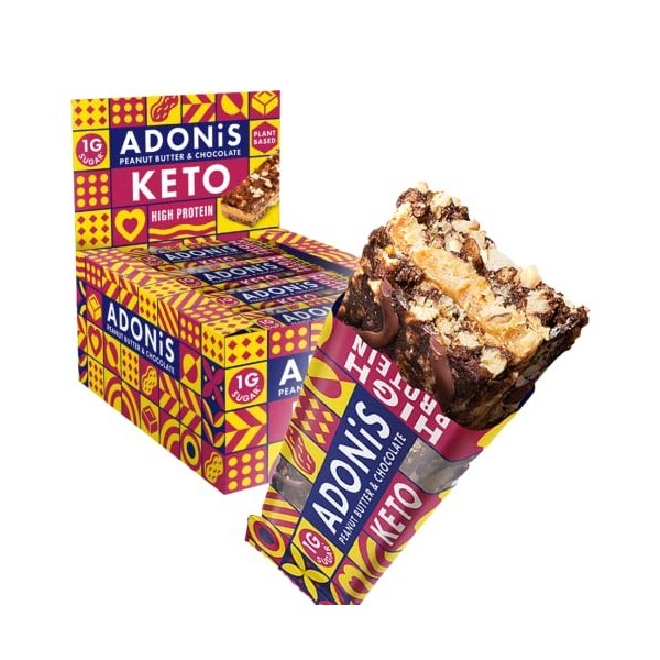 Barres Adonis Keto Riches en Protéines au Beurre de Cacahuètes et Chocolat 16 Barres de 45g | Végétalien et Keto l 100% Nat