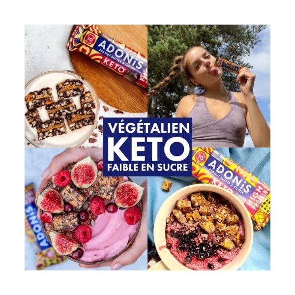 Barres Adonis Keto Riches en Protéines au Beurre de Cacahuètes et Chocolat 16 Barres de 45g | Végétalien et Keto l 100% Nat
