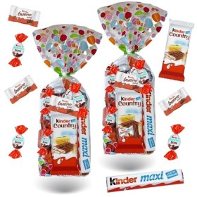 2 sachets de 40 chocolats Kinder : Schokobons, Mini Bueno, Maxi et Country Bulles 