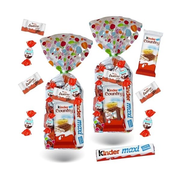 2 sachets de 40 chocolats Kinder : Schokobons, Mini Bueno, Maxi et Country Bulles 