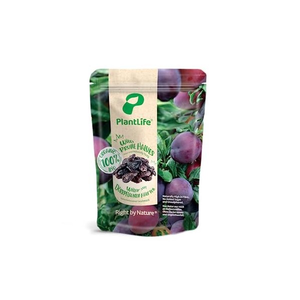 PlantLife Moitiés de pruneaux BIO 1kg – Pruneaux bruts, dénoyautés, séchés au soleil et naturels - 100% recyclable