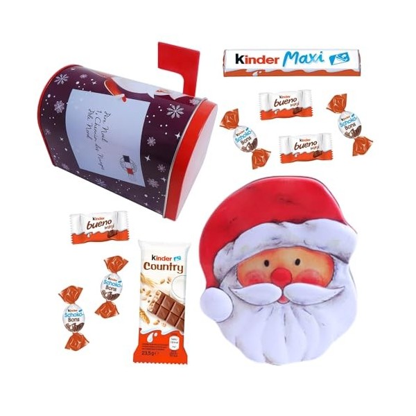 2 boites de Noël garnies dun assortiment de chocolats KINDER Schokobons, Mini Bueno, Country et Maxi Boite aux lettres/Père