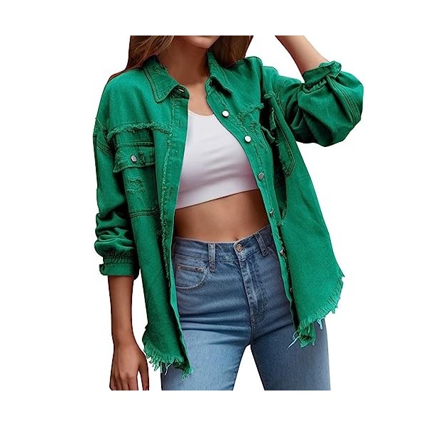 Générique Veste Femme en Jean Veste Courte à Couleur Unie Veste en Jean à Manches Longues pour Femme Printemps Automne Khaki