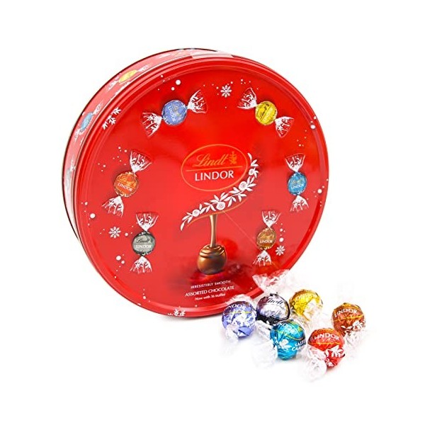 Lindt Lindor Boîte en étain pour truffes au chocolat 450 g avec décoration Merry Christmas gratuite