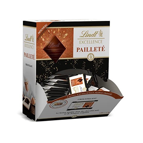 Lindt - Distributeur Mini Carrés EXCELLENCE Pailleté Dentelle - Chocolat Noir et éclats de crêpe dentelle, 660g