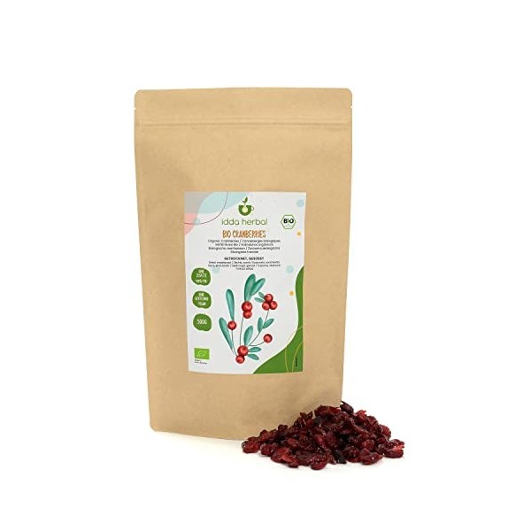 Canneberge Séchées Biologiques 1kg , Canneberges Entières de Culture Biologique, Légèrement Sucrées Avec du Jus de Fruit, 10