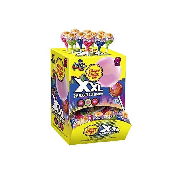 Chupa Chups - Boite de 60 Sucettes XXL Avec Coeur Bubble Gum - Parfums Fraise, Pomme, Cola pour la Sucette + Chewing Gum - Gé