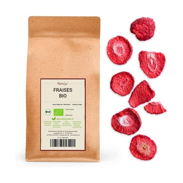 Kamelur BIO Fraises lyophilisées - Chips de fraises bio dans un emballage biodégradable - 250g