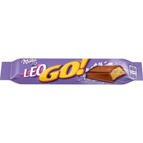 Milka LEO GO - Gaufrette Croustillante enrobée de Chocolat au Lait et Biscuit Léo - Présentoir de 32 Barres 48 g 