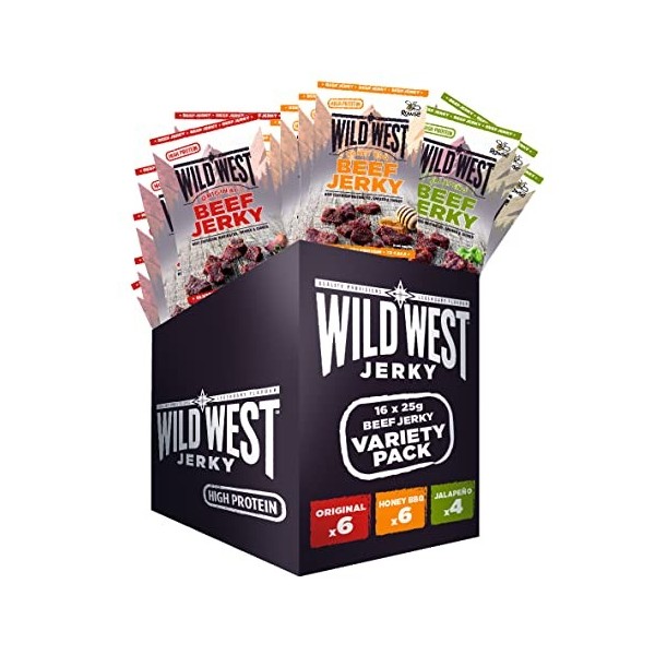 Wild West Beef Jerky, 16x25g Mix Box Bœuf séché, 6x Original, 4x Honey BBQ, 4x Jalapeno, high Protein Viande séchée, Beef Jer