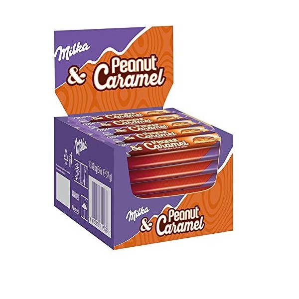 Milka Peanut & Caramel - Barre au Chocolat au Lait et Éclats de Cacahuètes au Caramel - Présentoir de 36 barres 37 g 