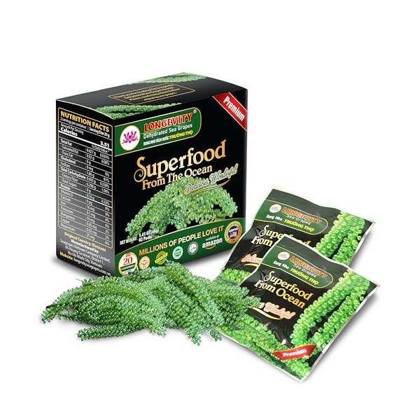 Longevity Raisins de mer - Caviar vert dUmibudo - Déshydraté, améliore la santé, la perte de poids, stimule le système immun