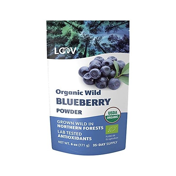 Poudre de bleuets sauvages biologiques LOOV - Portions pour 35 jours, 171 g, Bon pour les smoothies & le petit déjeuner, lyop