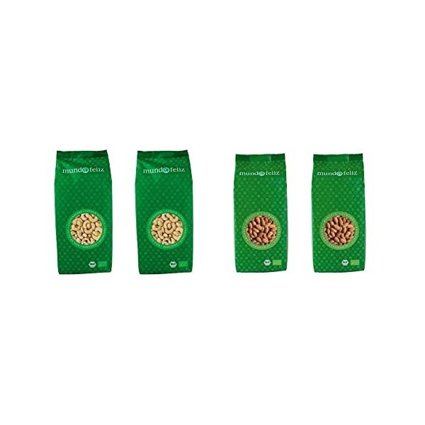 Mundo Feliz - Lot de 2&nbsp;sachets damandes bio entières, 2&nbsp;x&nbsp;500&nbsp;g & Lot de 2&nbsp;sachets de noix de cajou bio entières, 2&nbsp;x&nbsp;500&nbsp;g