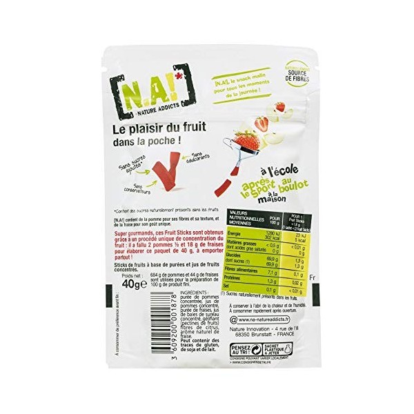 N.A! Nature Addicts - Sachet de Fruit Sticks Fraise 40g - 100% Issu de Fruits - Sans Sucres Ajoutés, Sans Édulcorants ni Cons