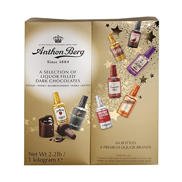 Anthon Berg Assortiment de coffrets cadeaux de chocolats noirs remplis de boissons alcoolisées paquet de 64 