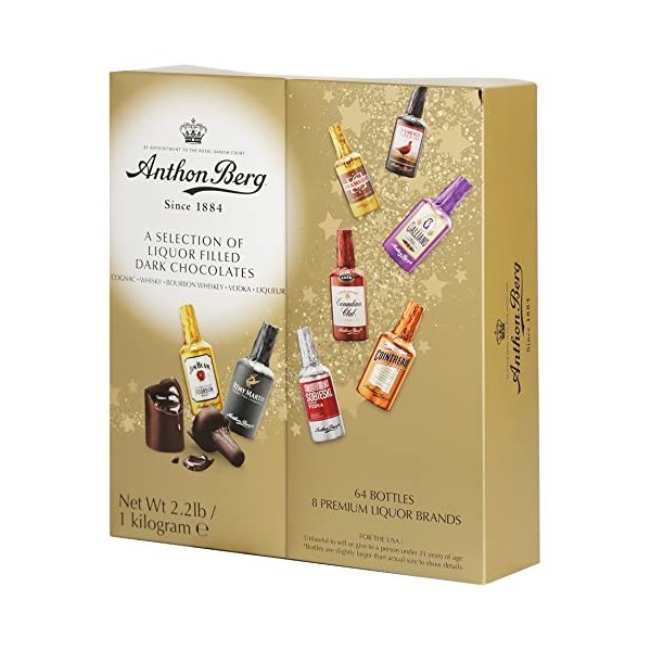 Anthon Berg Assortiment de coffrets cadeaux de chocolats noirs remplis de boissons alcoolisées paquet de 64 