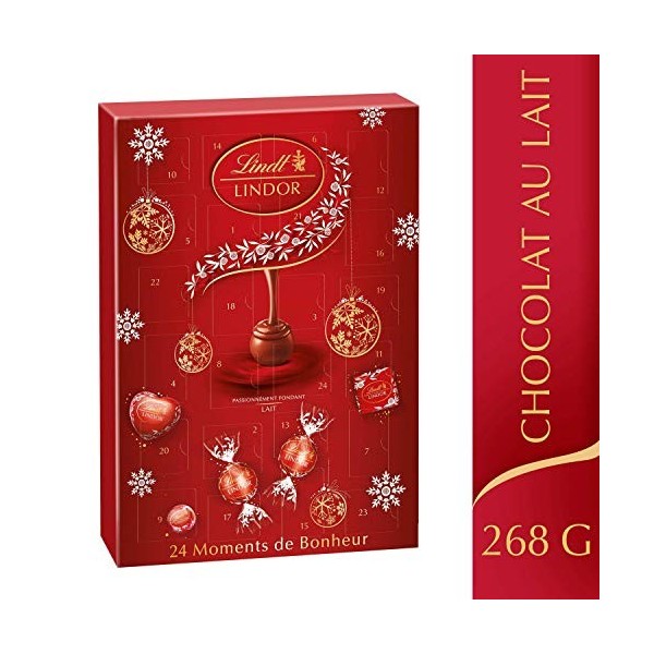 Lindt - Calendrier de lAvent LINDOR - Assortiment de Chocolats au Lait - Cœur Fondant - Idéal pour Noël, 268g