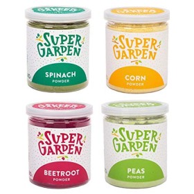 Lot de poudre de légumes lyophilisés Super Garden : épinards, pois, betteraves, maïs - sans sucre ni additifs.