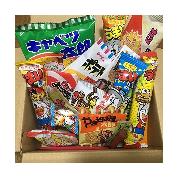Dagashi Box Japonais Snacks 23pcs Umaibo Candy Gumi pomme de terre Chip Kitty chocolat avec AKIBA-KING Sticker