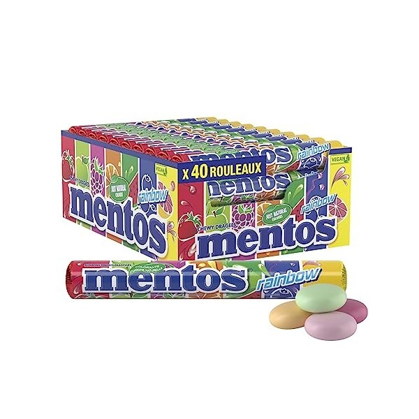 Mentos - Boîte de 40 Rouleaux Rainbow - Bonbons Tendres et Croquants, 7 Fruits Assortis - Fraise, Pomme, Orange, Raisin, Past