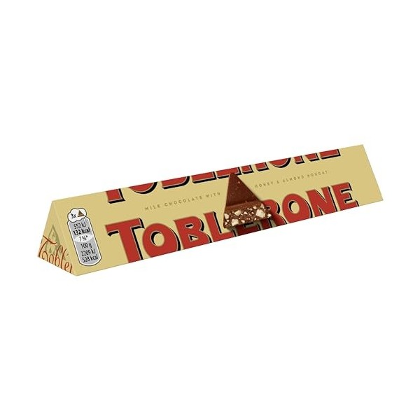 Toblerone - Barre au Chocolat au Lait Suisse, Miel, Nougat et Amandes - Format Familial - Pack de 20 barres 100 g 