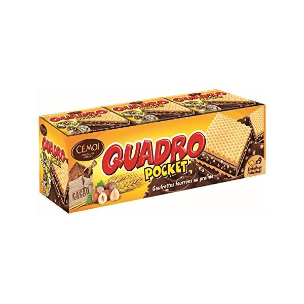 Cémoi - Etui Quadro Pocket Gauffrettes Fourrées, Chocolat Praliné, 9 Gaufrettes Emballées Individuellement - Fabriquées en Fr