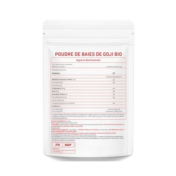 VELOTO Poudre De Goji Bio Extraits, Baies Biologiques De Goji Poudre, Baies De Goji Bio De Qualité Supérieure - Immunité Et F