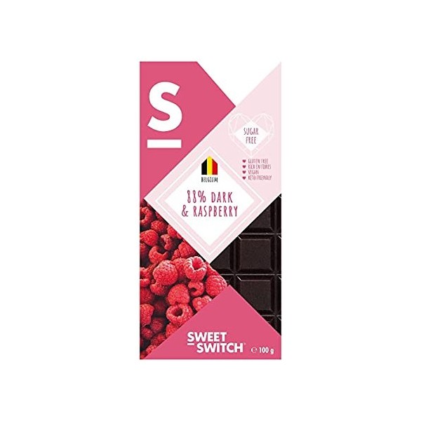 SWEET-SWITCH® - 12 x 100 g - Chocolat Belge Noir - Framboise - Sans Sucre - Sans Gluten - Vegan - KETO