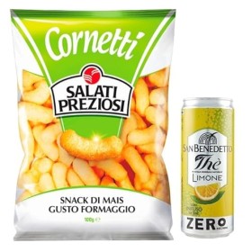 Salati Preziosi Cornetti di Maïs Lot de 20 chips de maïs au goût fromage, chips de 100 g + 1 sachet de thé glacé San Benedett