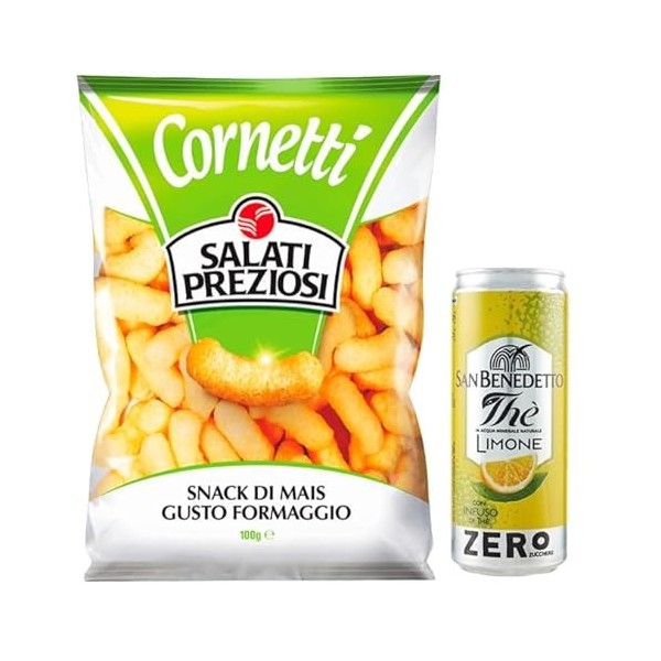 Salati Preziosi Cornetti di Maïs Lot de 20 chips de maïs au goût fromage, chips de 100 g + 1 sachet de thé glacé San Benedett
