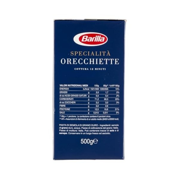 Lot de 20 pâtes Barilla Specialità Orecchiette Pugliesi 100 % italiennes 500 g + polpa gourmet italien 400 g