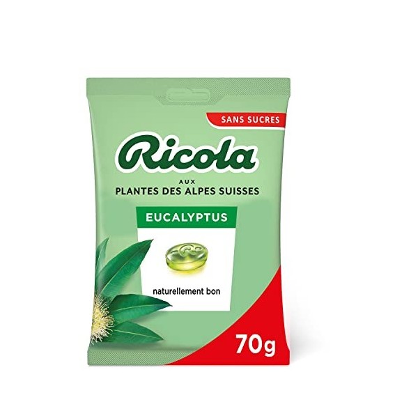 Ricola - Bonbons aux Plantes Suisses - Parfum Eucalyptus - Rafraîchissant - Sans Sucres - Vert, Sachet de 70 g Lot de 1 