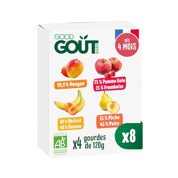 GOOD GOÛT - Gourdes Variety Fruits - 4 Compotes Bébé - Dès 4 Mois - Sans Sucres Ajoutés* - Fabriqué En France - 4x120g - Lot 