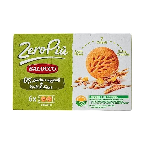 Balocco Zero Più Biscotti Lot de 12 biscuits sans sucre ajouté, 7 céréales et extra crunchy, paquet de 230 g + boîte italienn