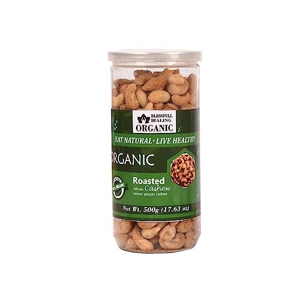 Blessfull Healing Noix de cajou entières rôties bio naturelles, végétaliennes au poivre citronné croustillant Kaju 500 g