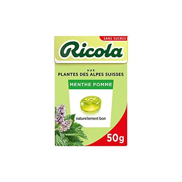 Ricola - Bonbons aux Plantes Suisses - Parfum Menthe Pomme - Rafraîchissant - Sans Sucres - Boîte de 50g