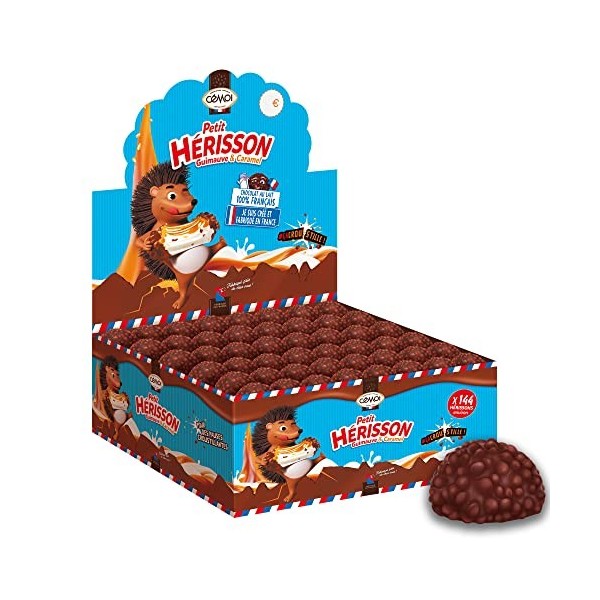 Cémoi – Présentoir Petit Hérisson Guimauve Chocolat au Lait, Cœur Fondant Caramel, Billes de Céréales Croustillantes – Fabriq