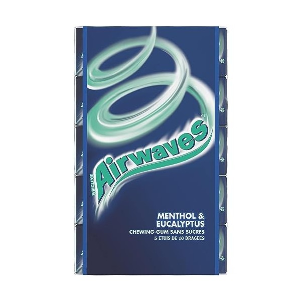 AIRWAVES - Chewing-gum Menthol et Eucalyptus sans sucres - 5 paquets de 10 dragées - 70g