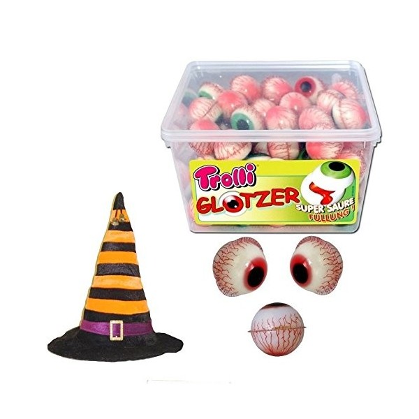 Bonbons Halloween: Trolli Glotzer oeil, gelée de fruits, guimauve 60p + CHAPEAU DE SORCIERE