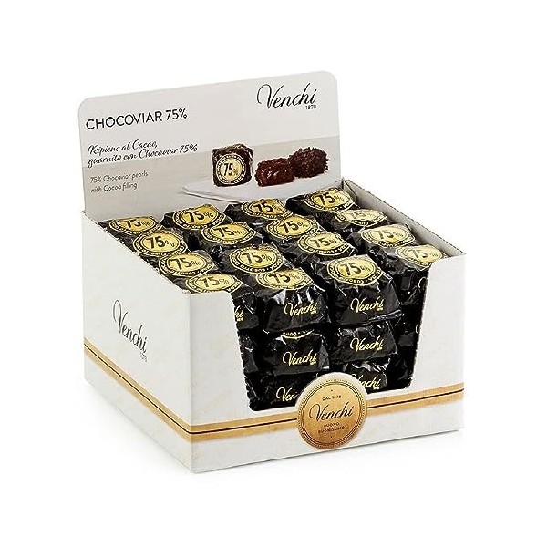 Venchi - Cubotto Chocoviar 75 % - Chocolats fourrés au Cuor di Cacao avec du Chocolat Extra Noir et des éclats de Chocoviar 7