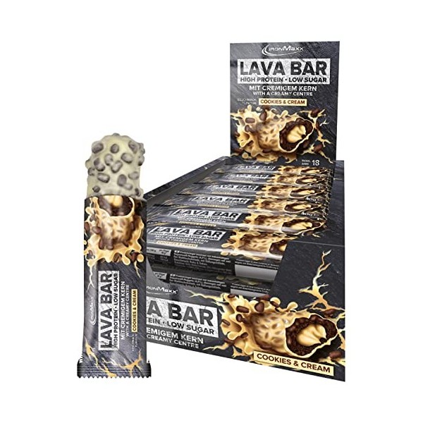 IronMaxx Lava Bar, Barre protéinée, saveur biscuits et crème, 18 barres de 40 g